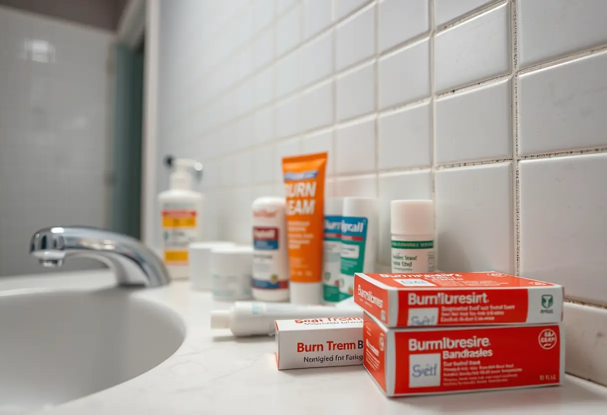 Comptoir de salle de bains avec produits de soins pour brûlures