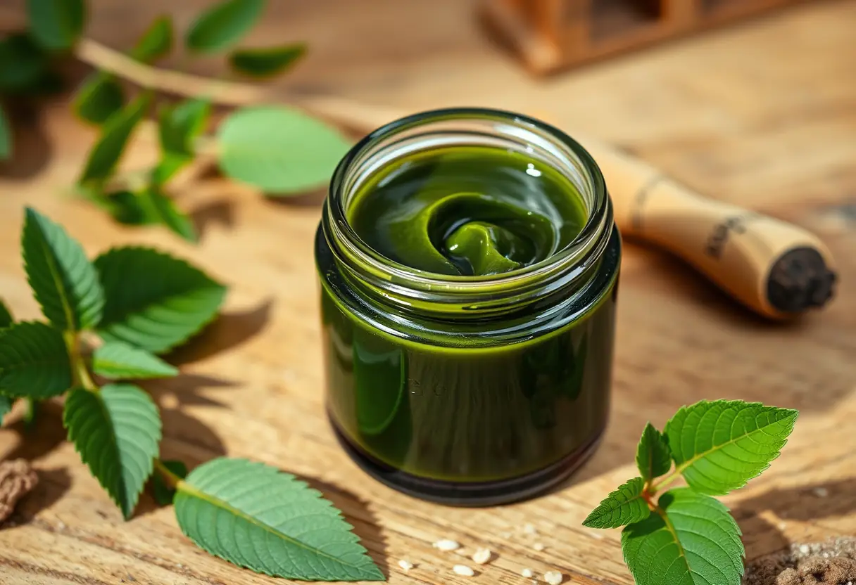 Dark green cream in a glass bottle