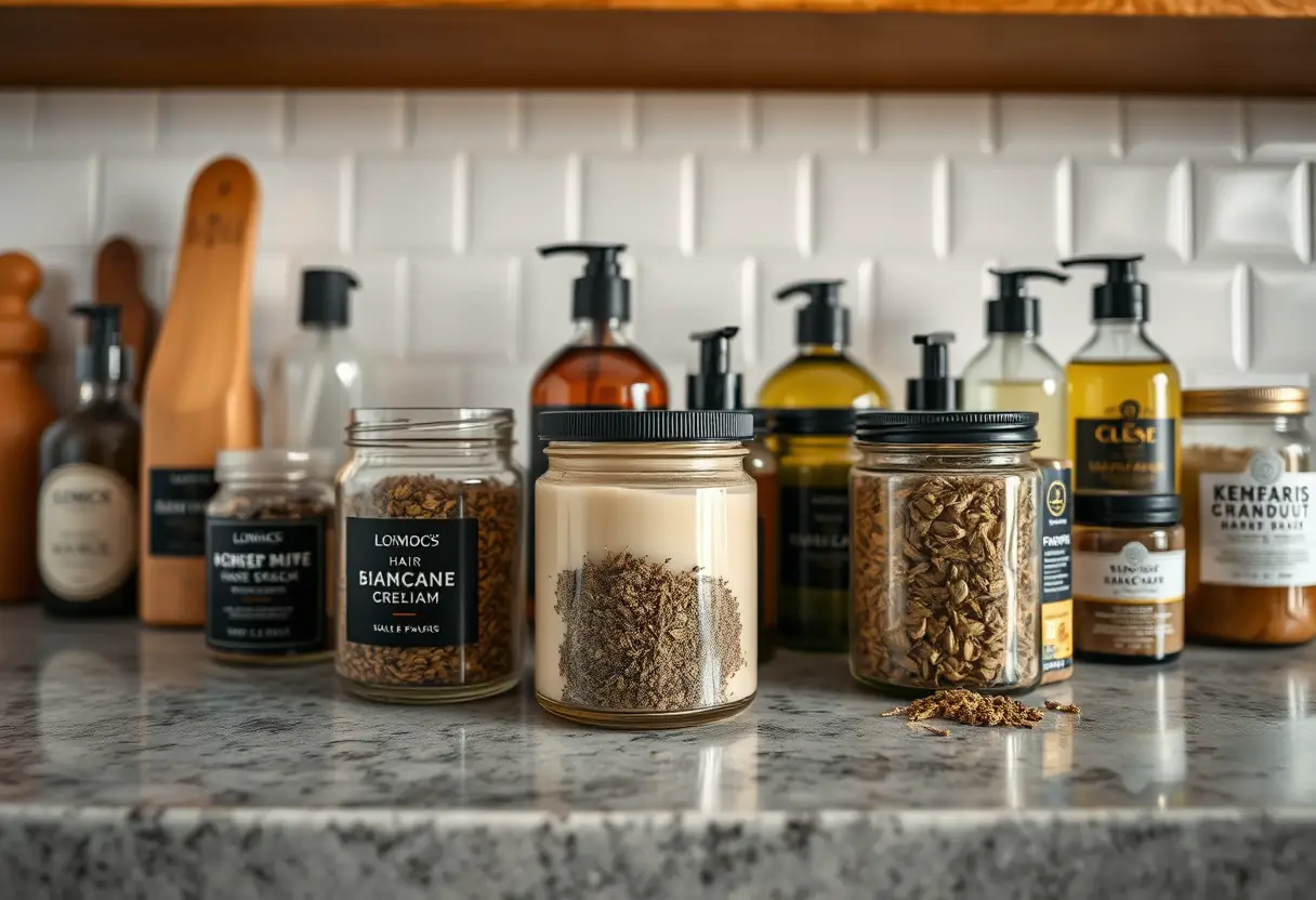 Un plan large d'un comptoir de cuisine rempli de pots de produits capillaires, guide sur les crèmes pour cheveux