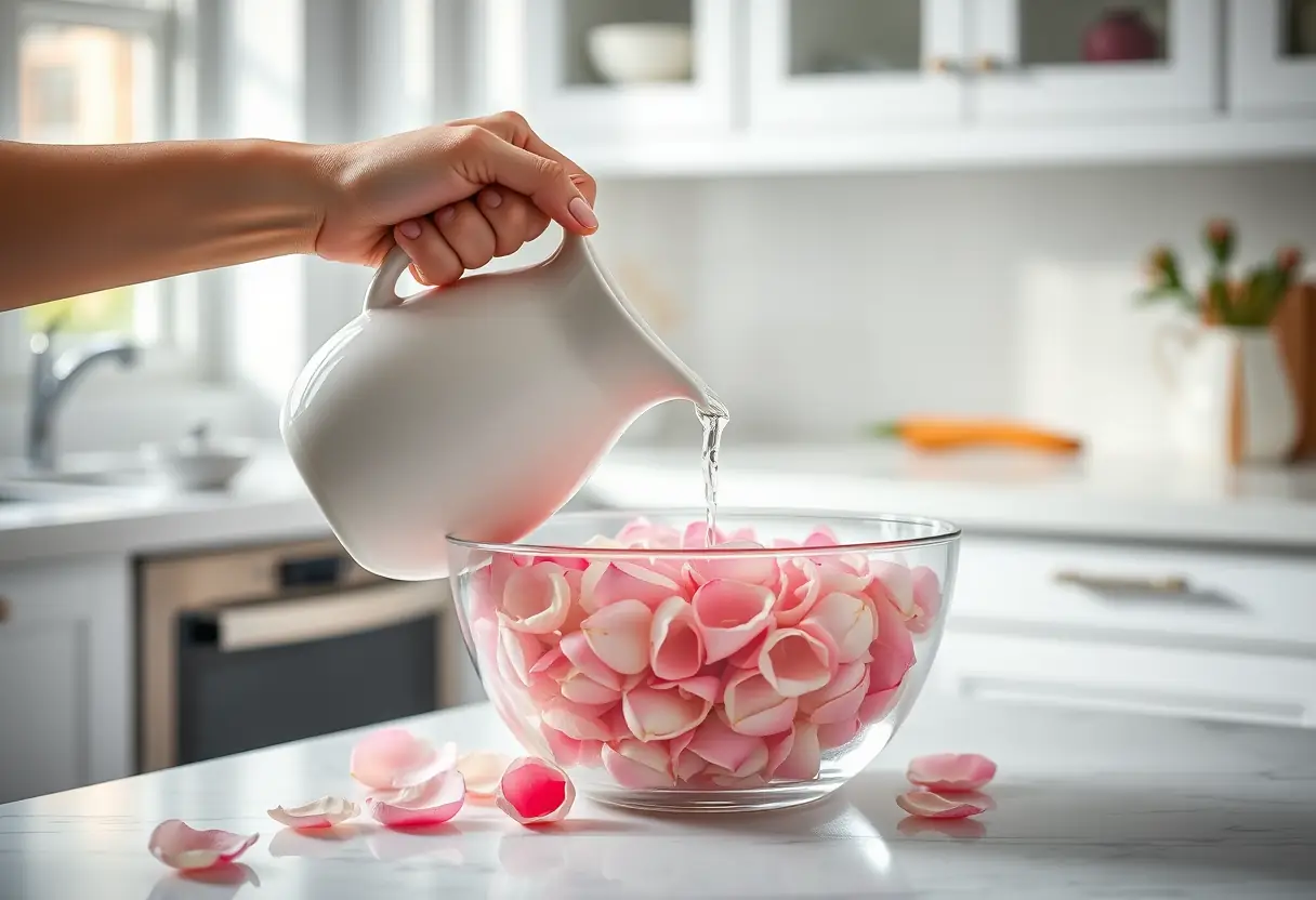 Jatte de pétales de roses dans une cuisine