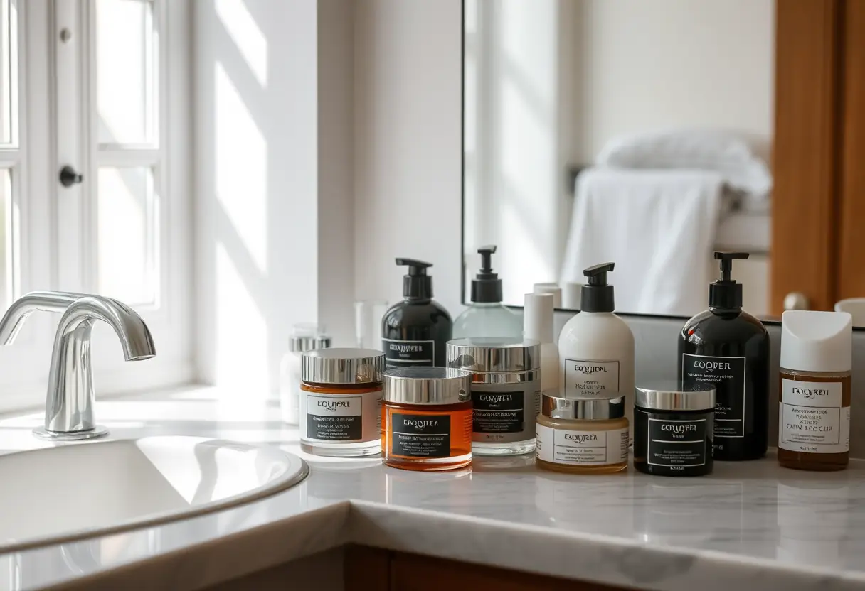Un comptoir de salle de bain avec des pots de crèmes rangés près d'un miroir bien éclairé