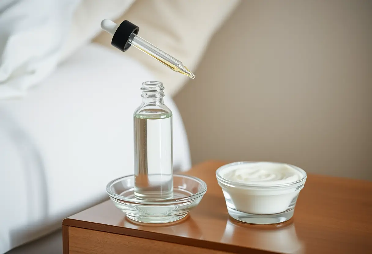 pipette avec liquide clair et petit pot de crème sur la table de chevet