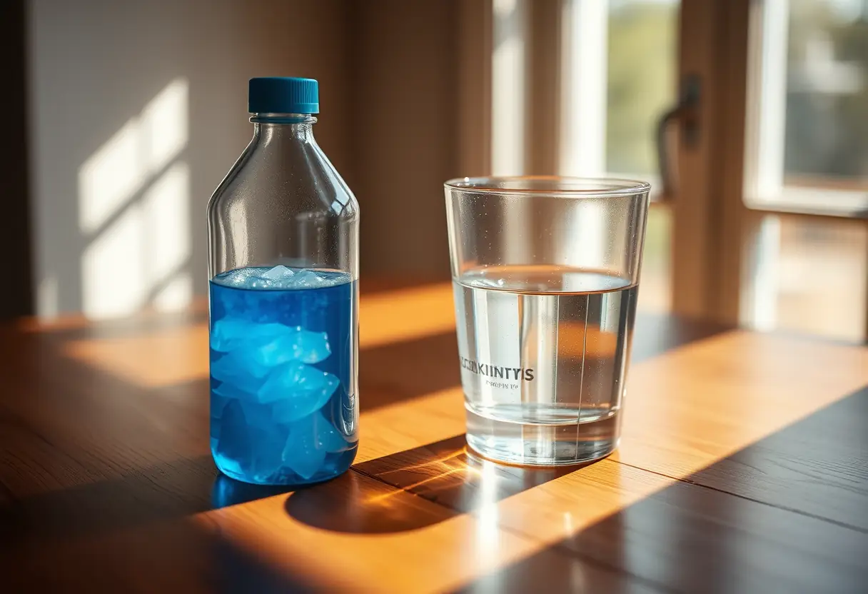Main: une bouteille de gel apaisant sur une table près d'une fenêtre