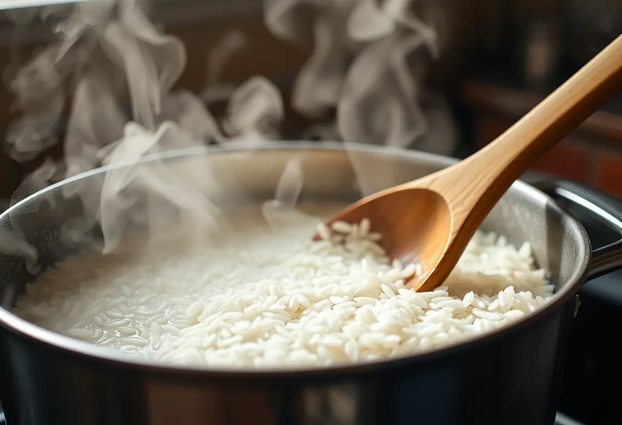 Un cuiseur mélange du riz dans une casserole sous la lumière du soleil