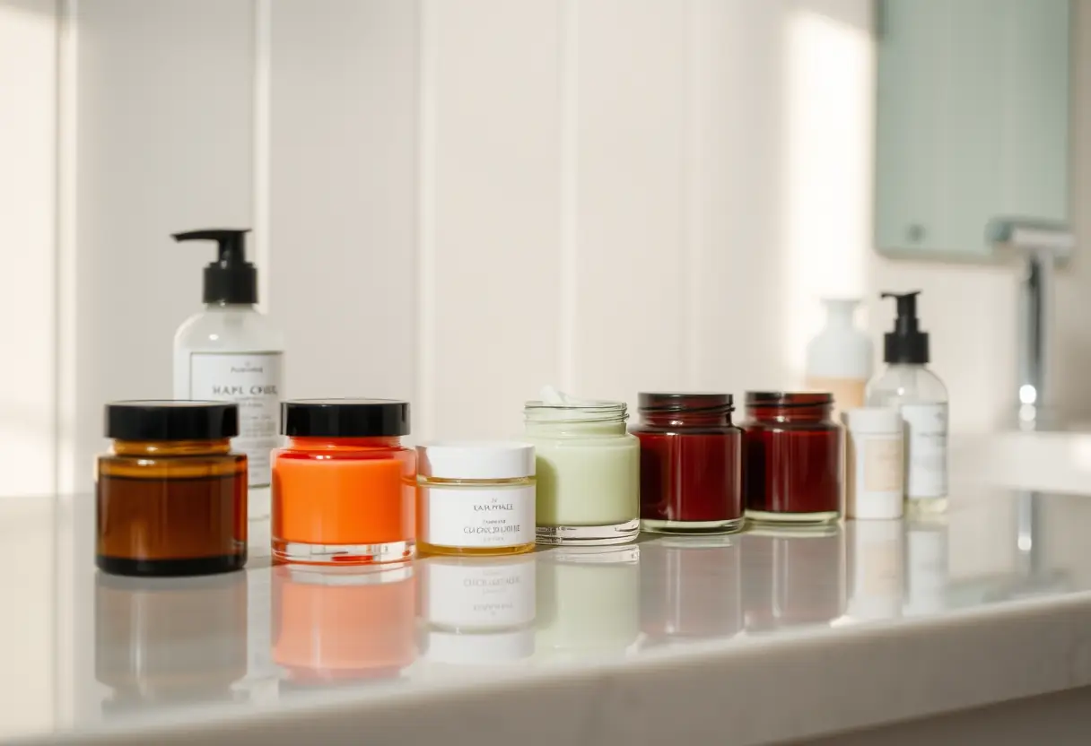 Jars de crèmes dépilatoires sur le comptoir de la salle de bain