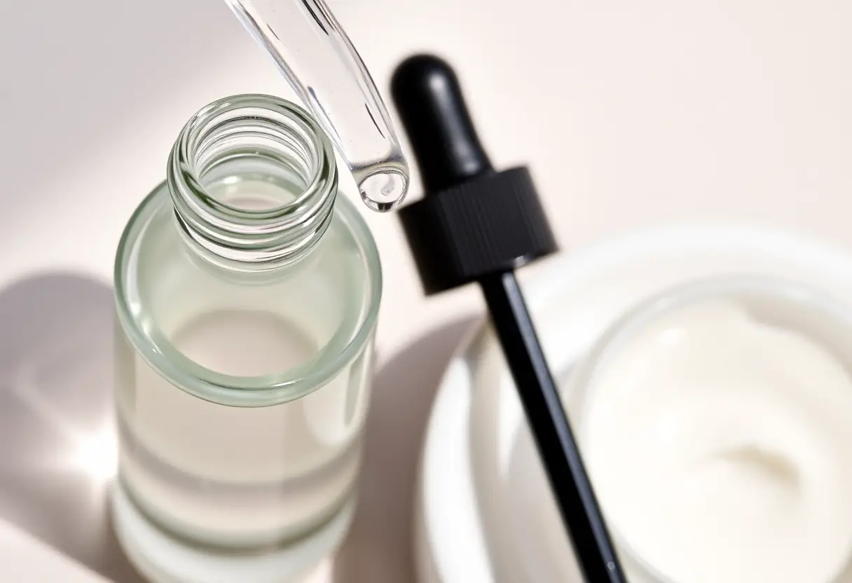 Un flacon compte-gouttes rempli de liquide clair, près d'un pot de crème