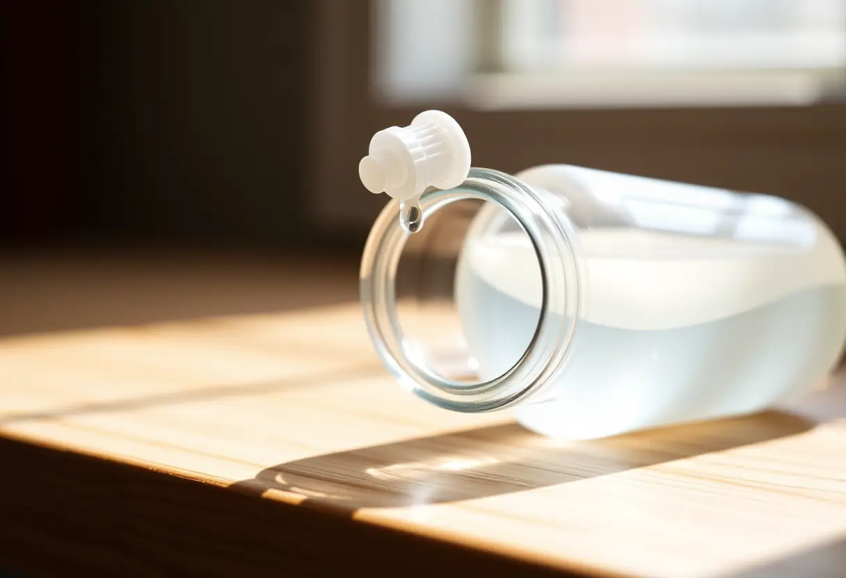 Une bouteille de lotion hydratante sur un plan de travail en bois, avec une goutte suspendue au robinet