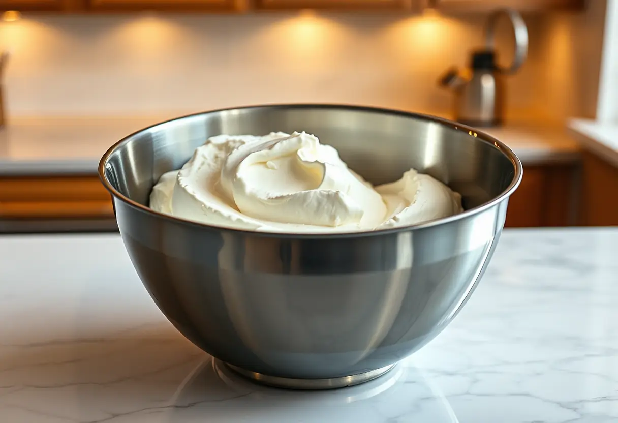 Un grand bol en acier inoxydable rempli de mascarpone frais sur un plan de travail en marbre