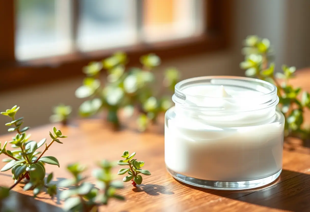 Pot de crème blanche sur une table en bois, éclairé naturellement