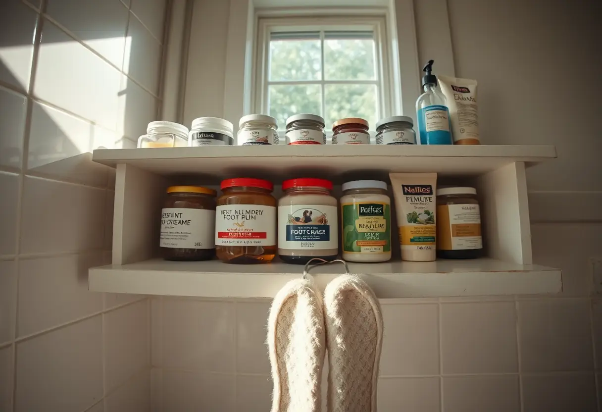 Étagère de salle de bain avec des pots de crèmes pour pieds, naturellement éclairée
