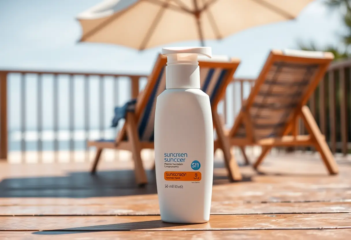 bouteille de crème solaire sur une terrasse de bois