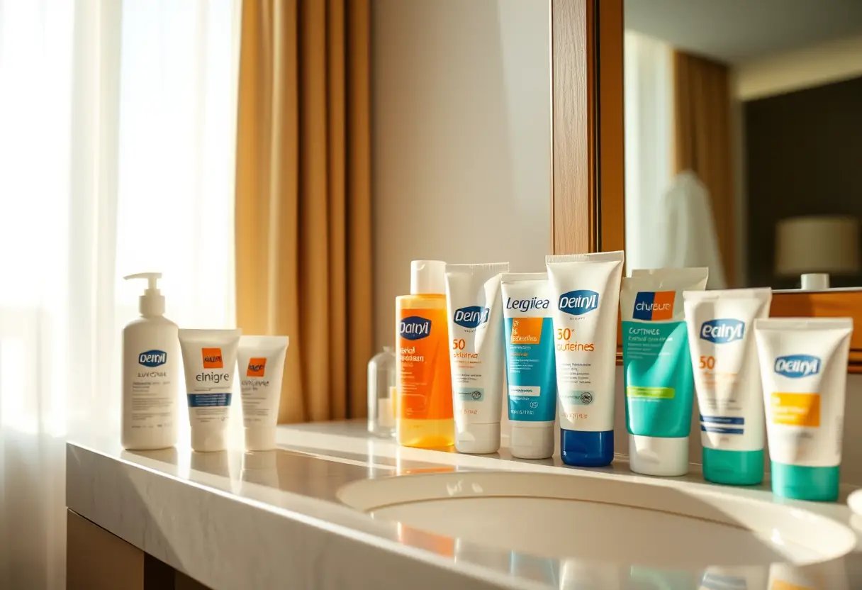 Des bouteilles et tubes de crème solaire alignés sur la table de toilette d'une chambre d'hôtel