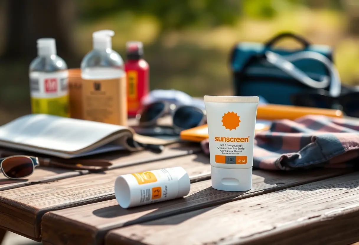 tube de crème solaire posé sur une table de pique-nique
