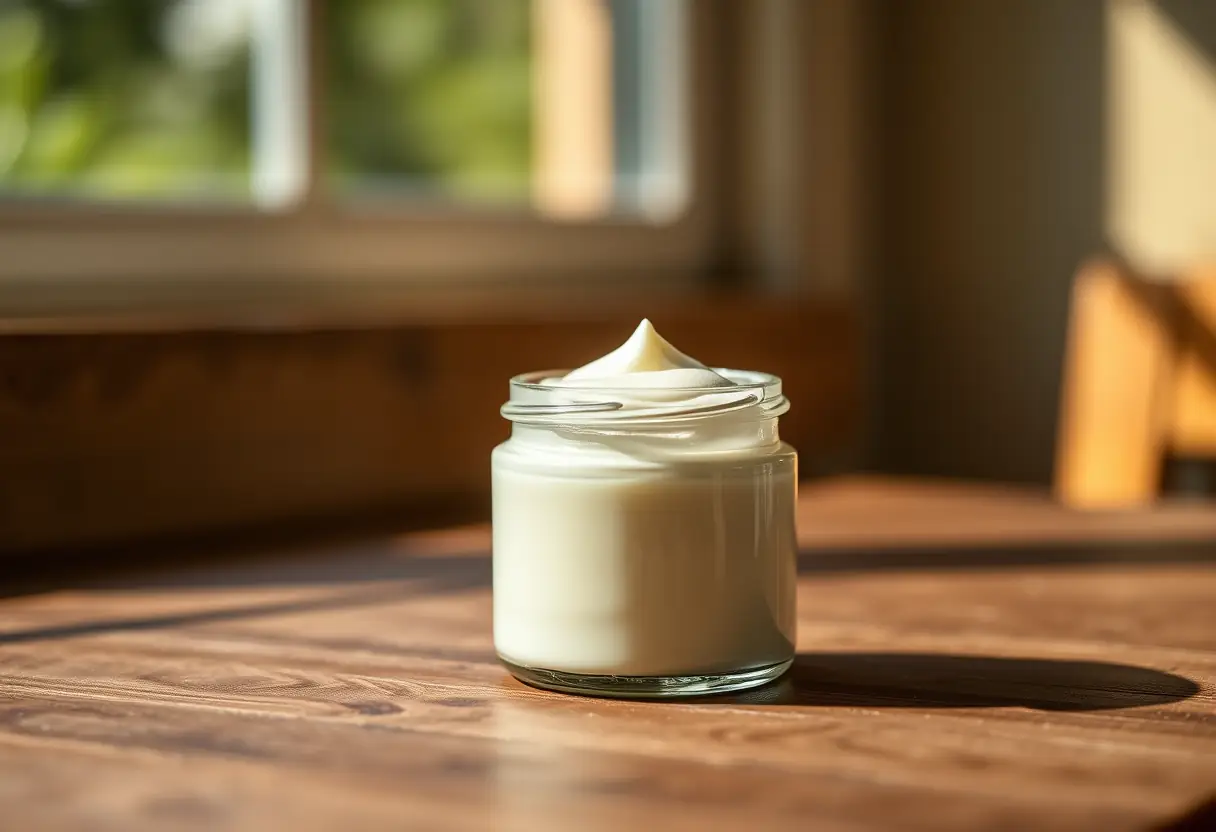 Pot de crème visage sur une table en bois