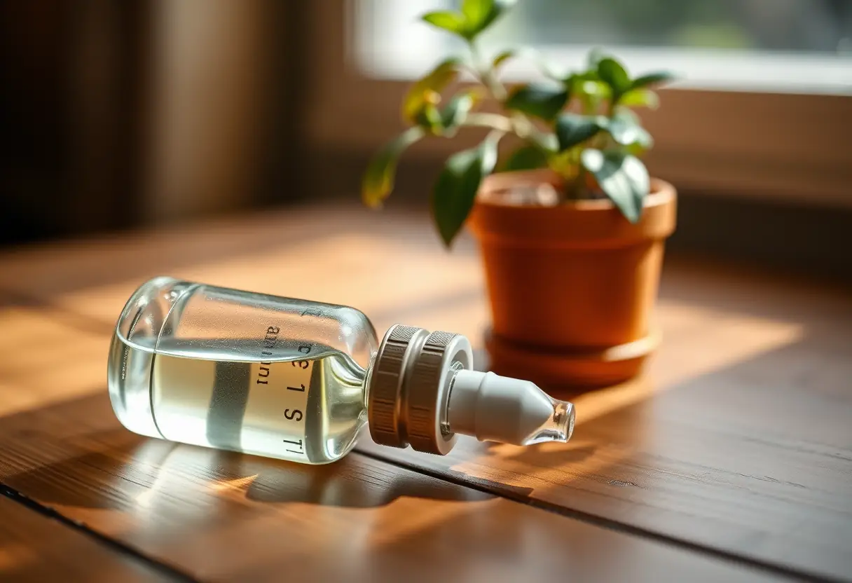 Un flacon compte-gouttes contenant un liquide clair sur une table en bois, lumière diffuse de l'après-midi