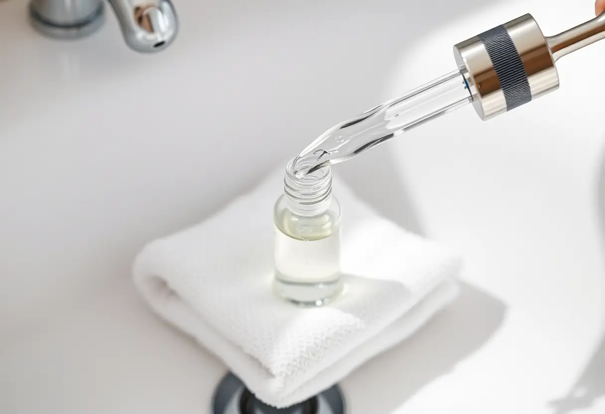 Pipette remplie de liquide clair posée sur serviette blanche dans lavabo, évoquant précision du soin de la peau