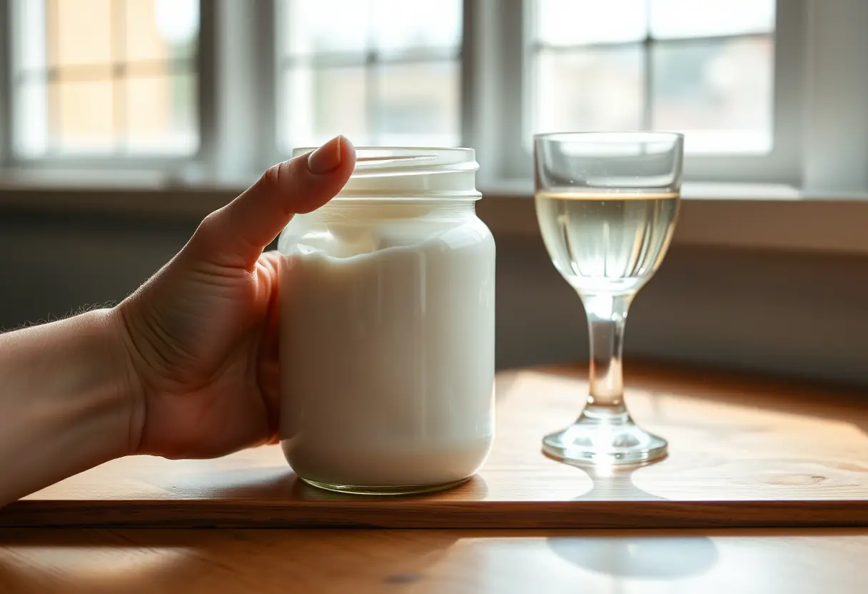 Une main tenant un pot rempli d'une crème épaisse et blanche, posé à côté d'un verre d'eau sur une table en bois, la lumière du soleil filtre à travers la fenêtre