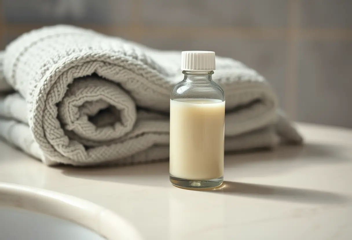 Bouteille de crème posée sur une tablette de salle de bain