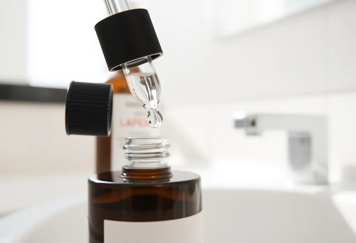 Dropper and bottle of Effederm cream on a bathroom counter