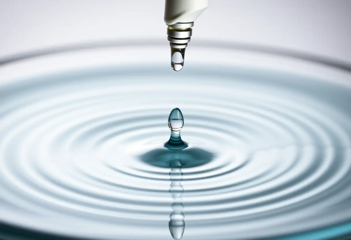 Un plan rapproché d'une pipette déposant quelques gouttes dans un bol d'eau, créant des ondulations