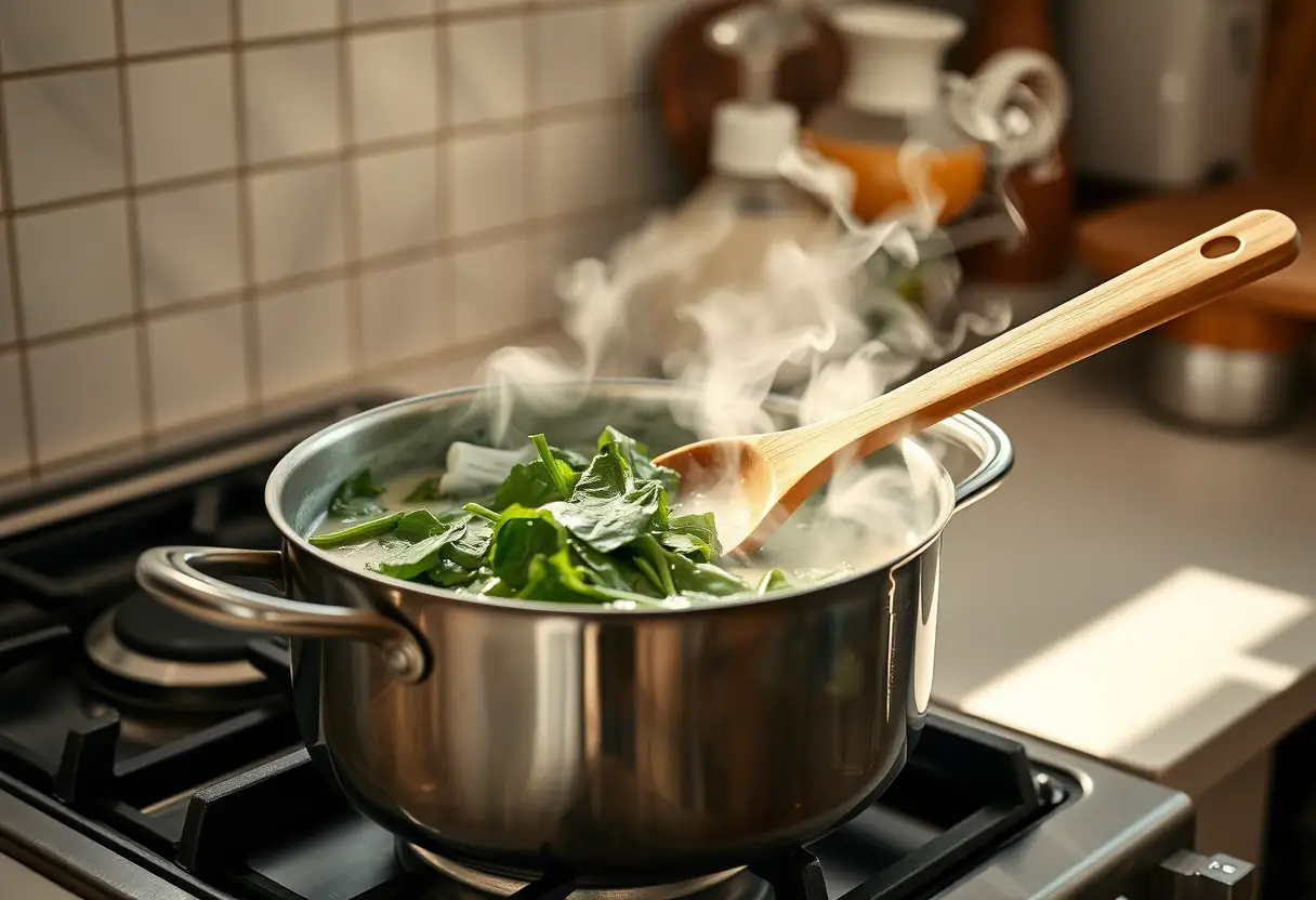 Épinards à la crème mijotant dans une grande casserole