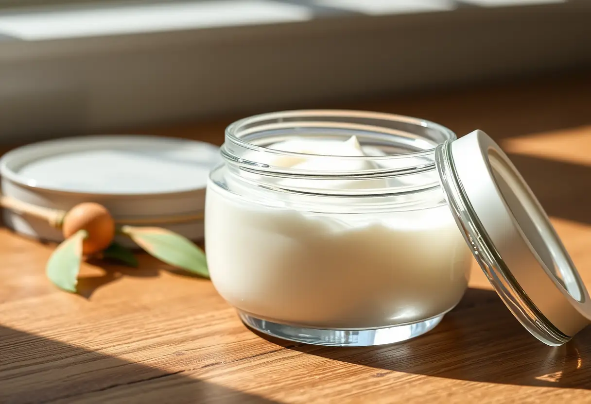 Pot de crème posé sur un comptoir en bois