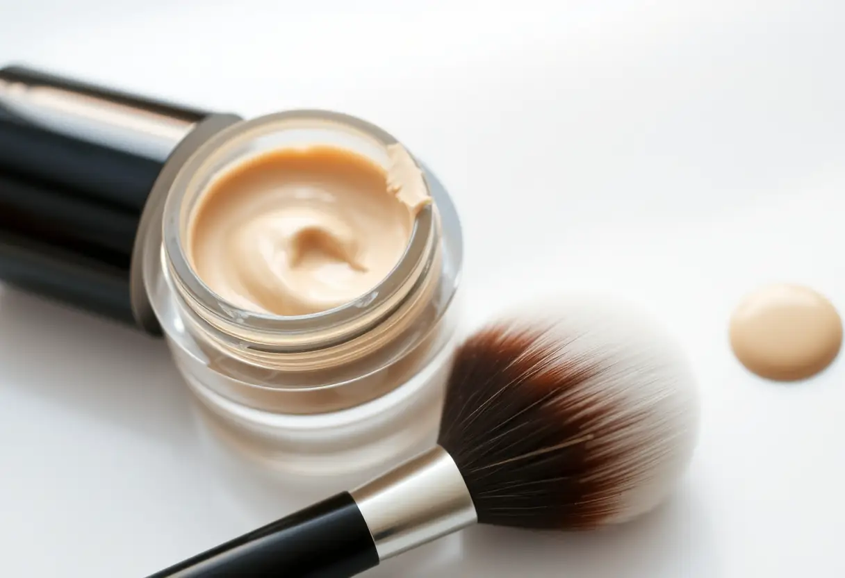 Un flacon de fond de teint crémeux ouvert avec un pinceau de maquillage près de lui