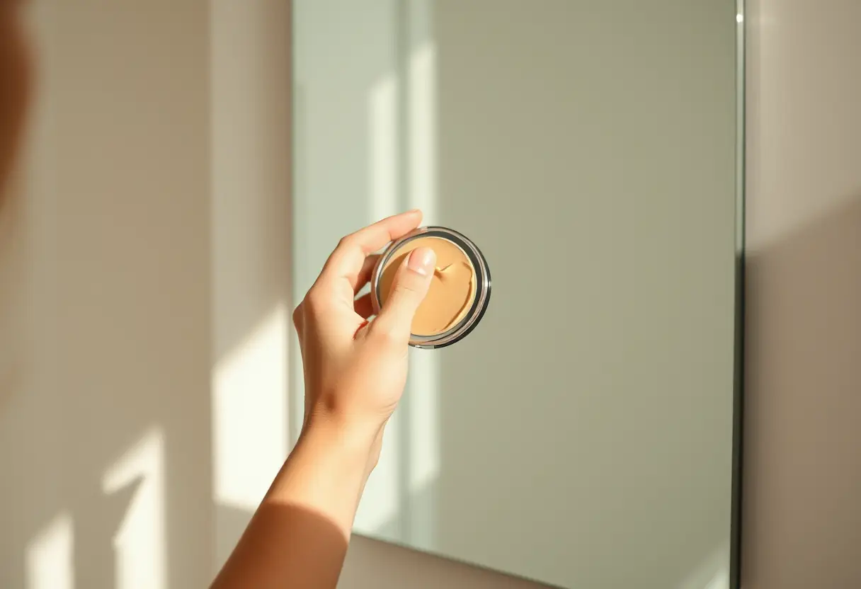Main tenant un miroir compact dans une salle de bain