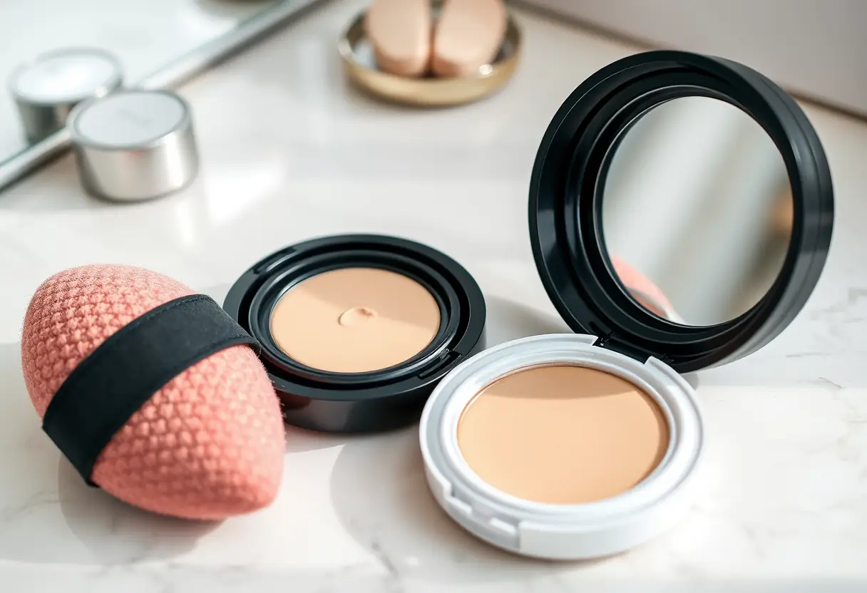 Compact de fond de teint mat en poudre sur une coiffeuse