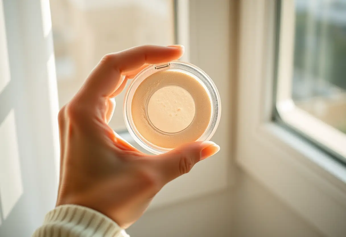 Une main tient un petit étui compact contenant une fine couche de poudre, reflétant la lumière du soleil par la fenêtre