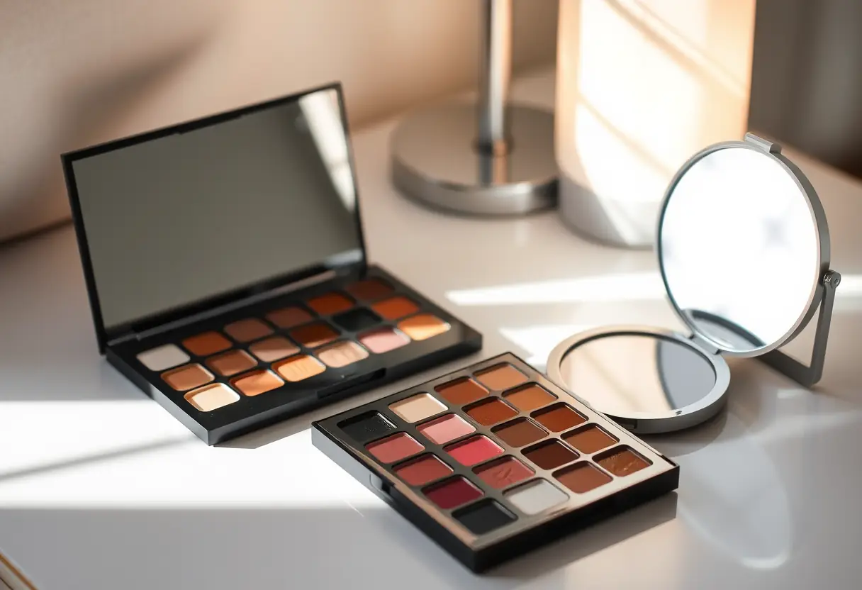 Un palet de maquillage sur une coiffeuse avec un miroir compact