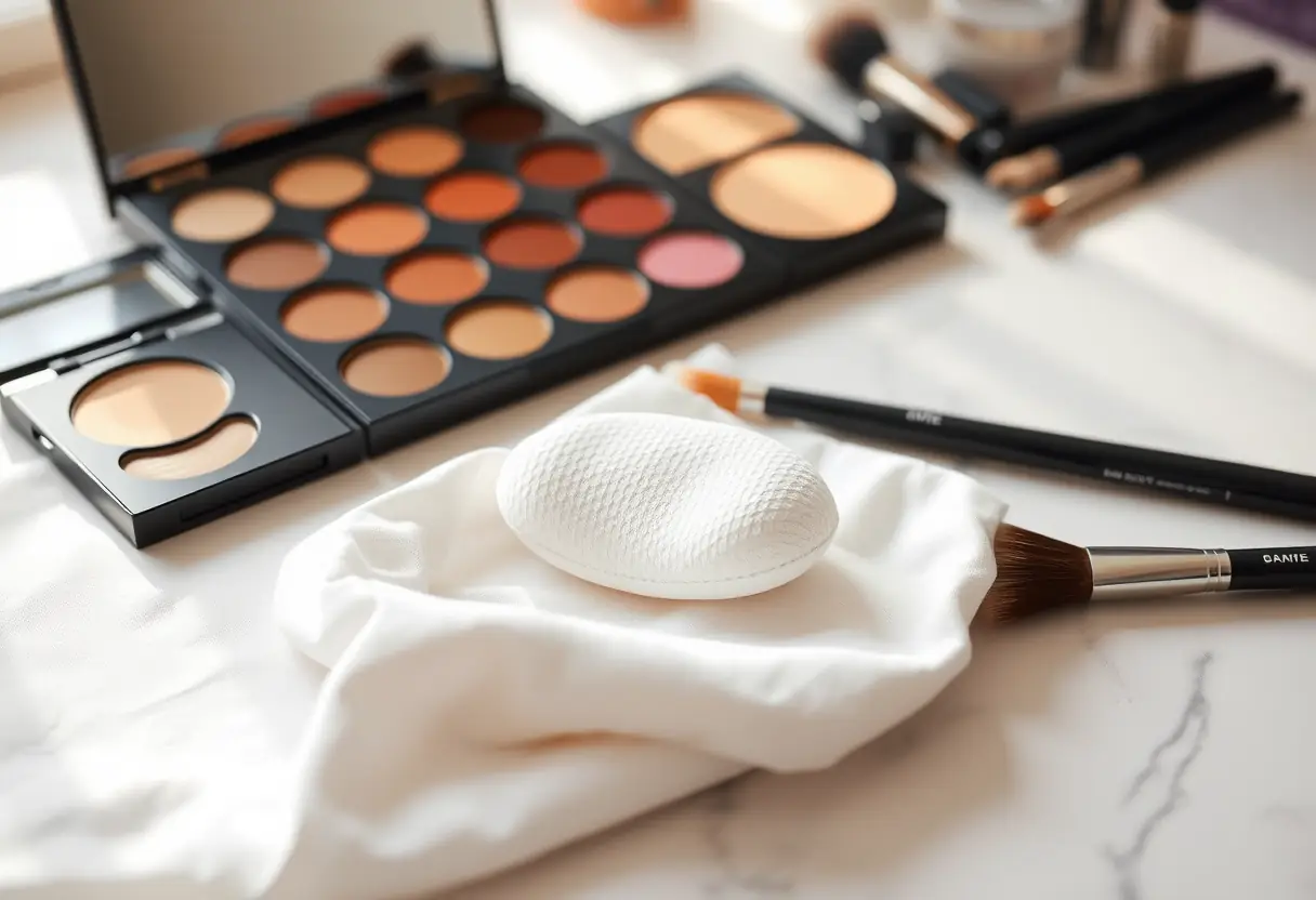 Un goupillon de maquillage repose sur un tissu blanc entouré de contenants de cosmétiques ouverts et d'une palette de pinceaux sur une coiffeuse bien éclairée.
