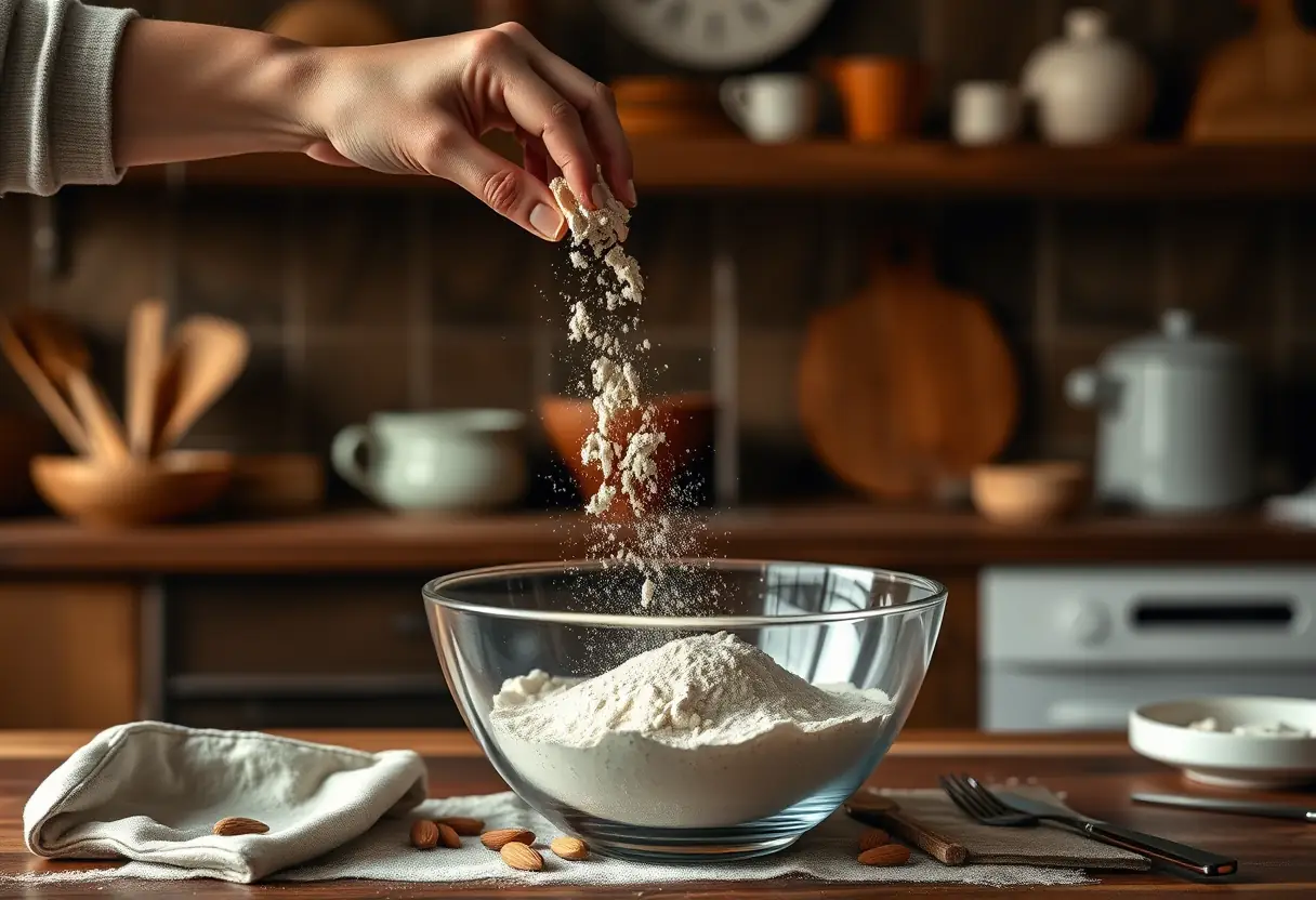 Une main verse de la poudre d'amande dans un bol de cuisine chaleureuse