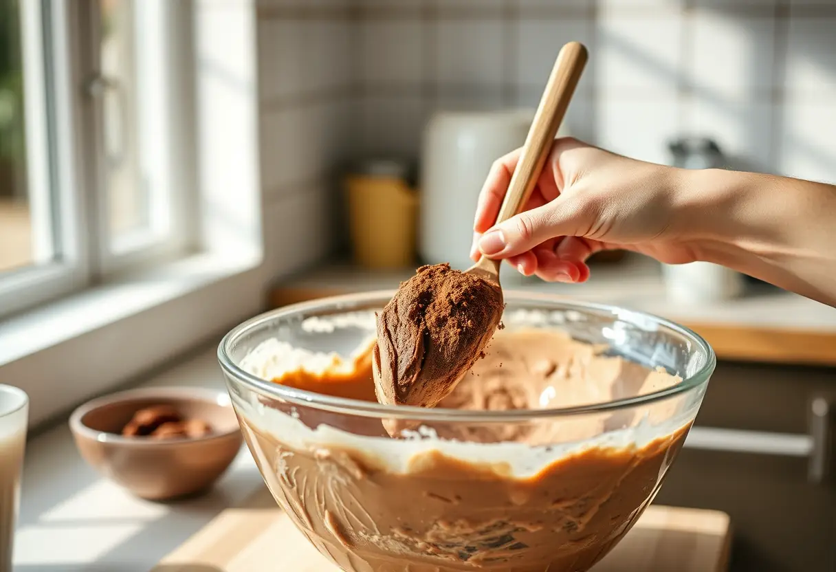 Une main mélange une pâte avec du cacao pour un gâteau au chocolat