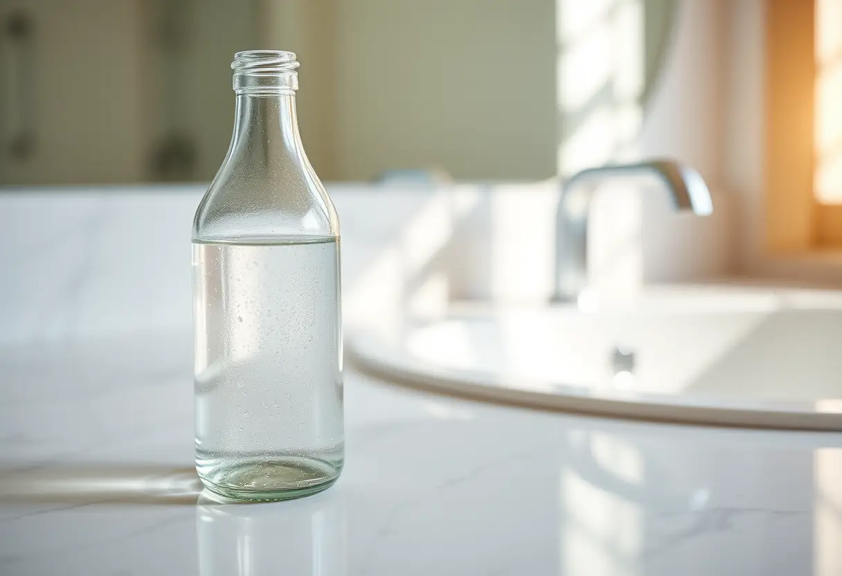 Bouteille de verre sur comptoir de salle de bain
