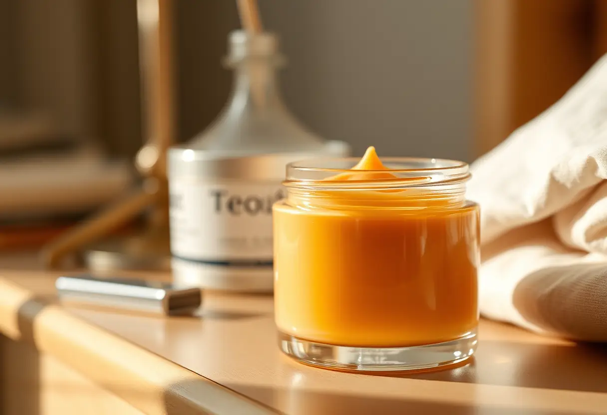 Un pot en verre rempli de crème hydratante sur une table de nuit