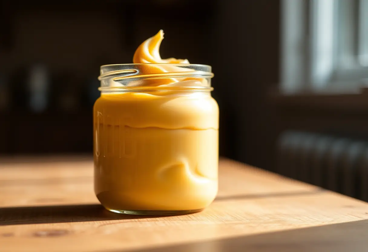 Un flacon de crème dorée sur une table en bois