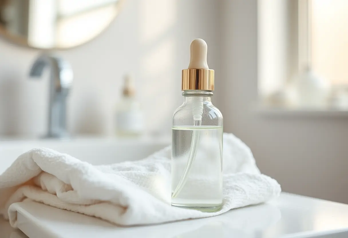 Bouteille avec un distributeur contenant un liquide clair sur une serviette blanche