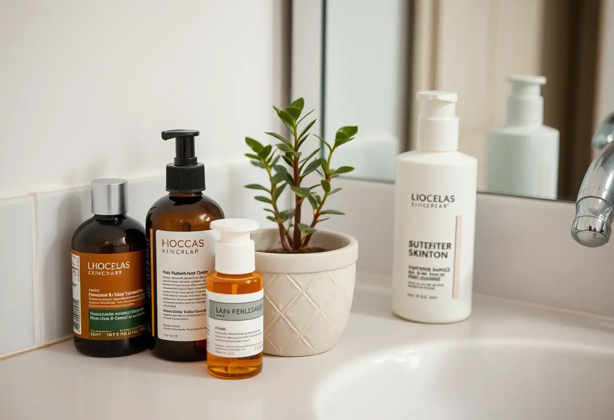 Skincare products on a bathroom counter with a houseplant