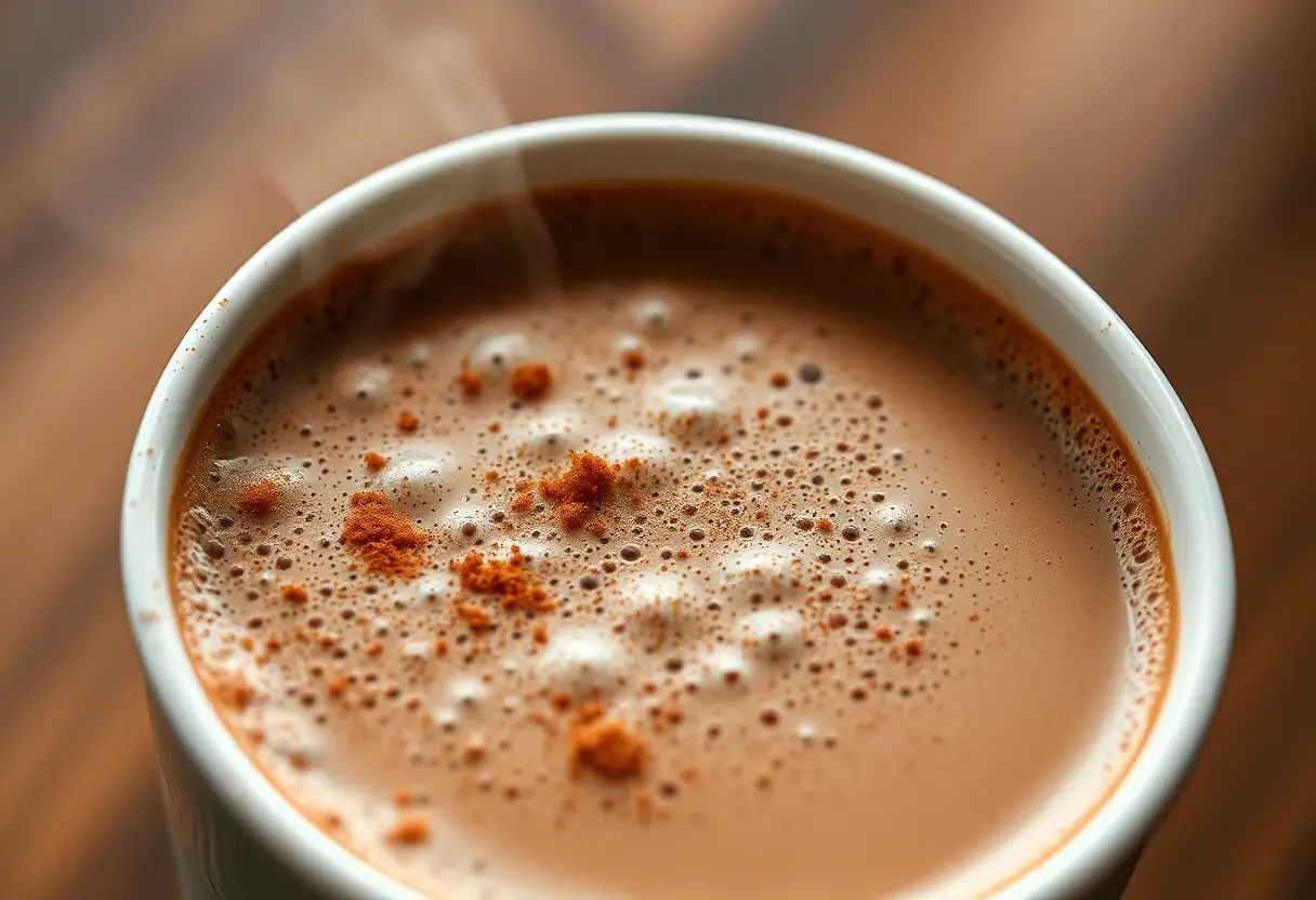 Un mug de café fumant rempli de chocolat chaud avec de la poudre de cacao