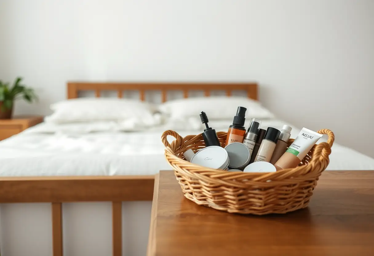 Un panier tissé contenant divers produits de beauté, dont une poudre coiffante