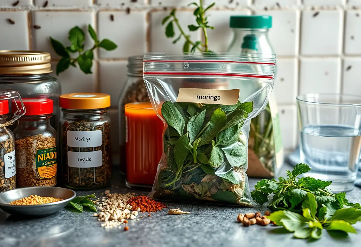 Épices et herbes sur un plan de travail de cuisine