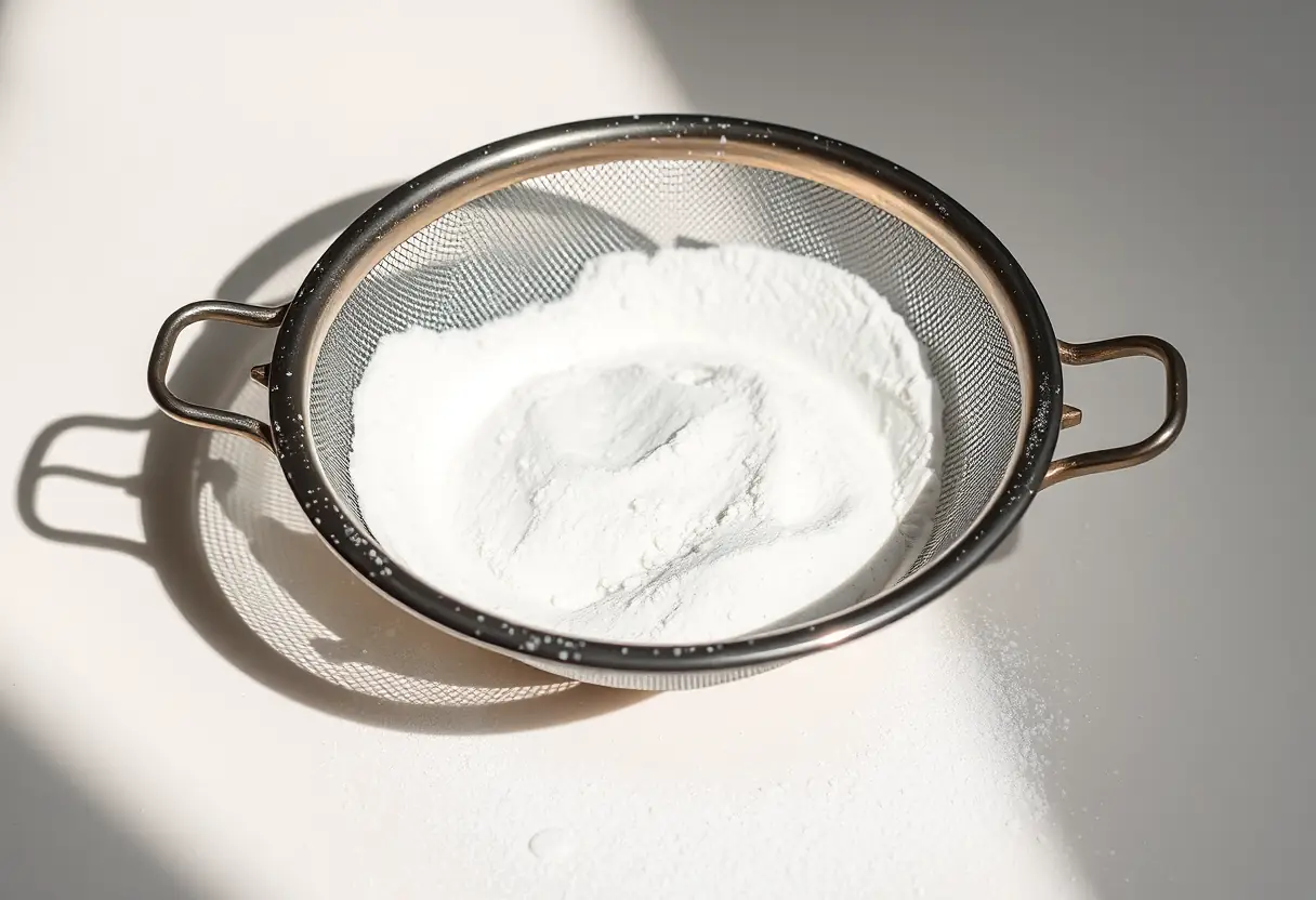 Un tamis métallique sur une table propre, où du pouvoir blanc fin est tamisé