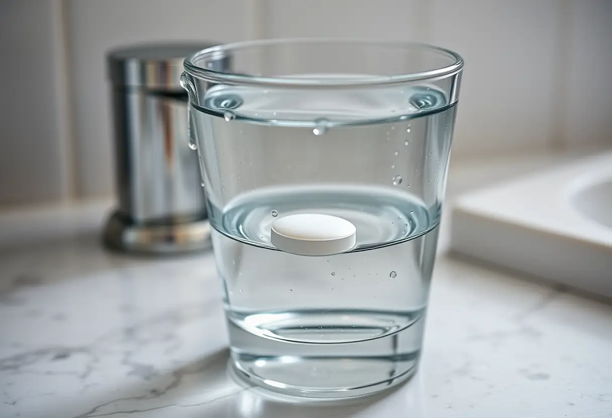 Un comprimé qui se dissolve dans un verre d'eau sur un meuble de salle de bain, lumière naturelle