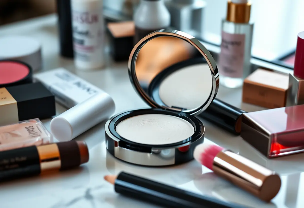 Compact de maquillage ouvert sur une table de toilette avec des produits de beauté