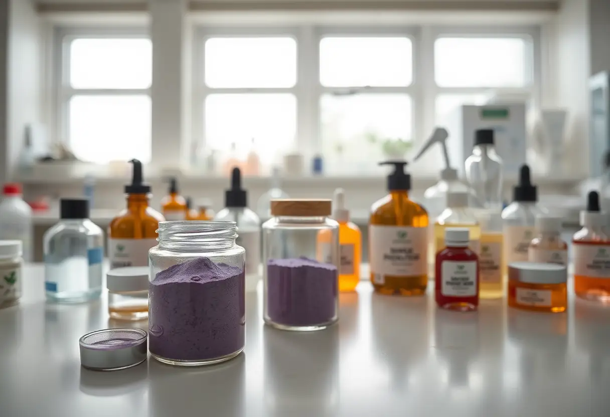 Laboratoire de cosmétique avec des pots contenant de la poudre Ube