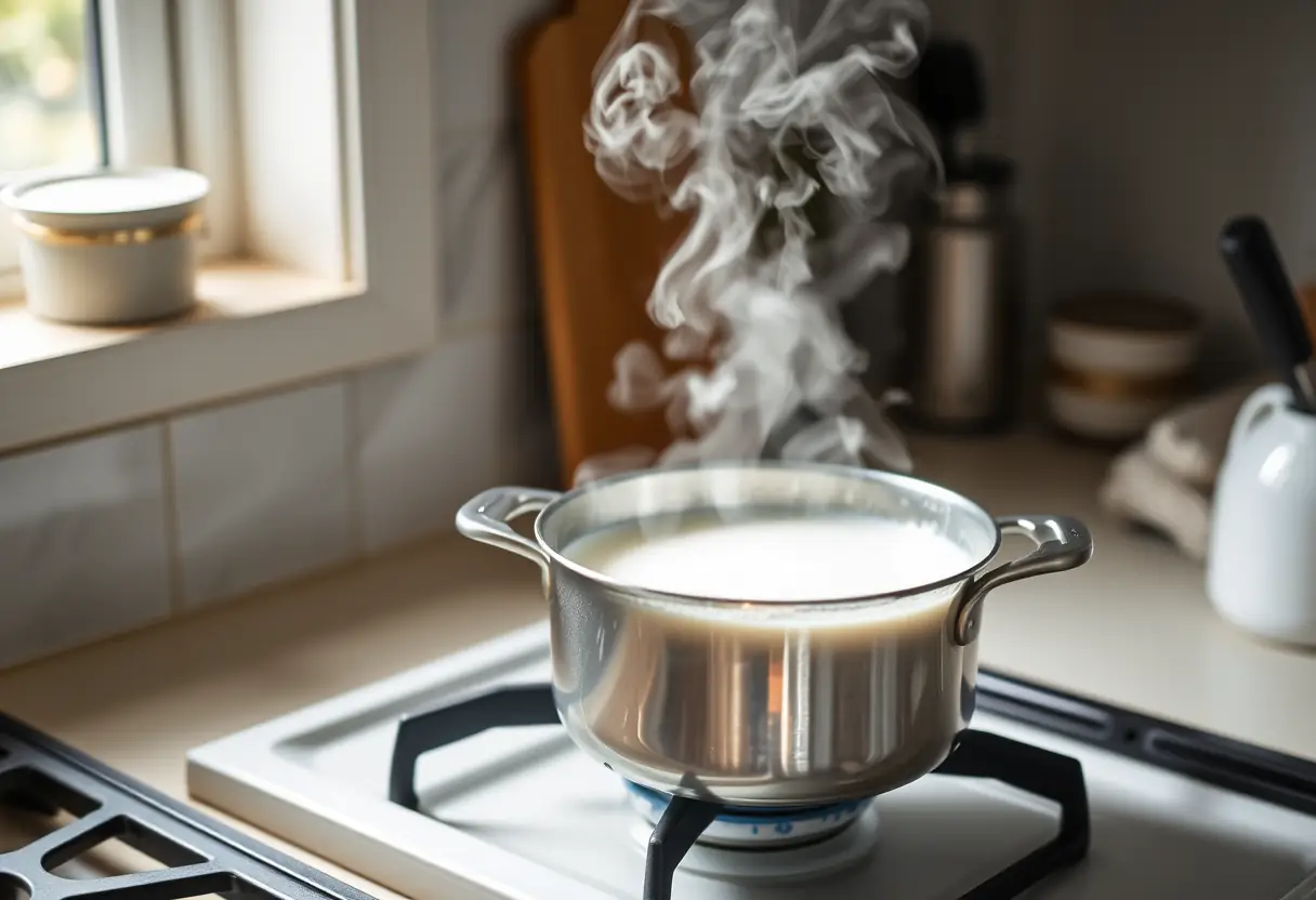 Brume s'élevant d'une casserole remplie de lait et d'eau, mijotant doucement sur un fourneau