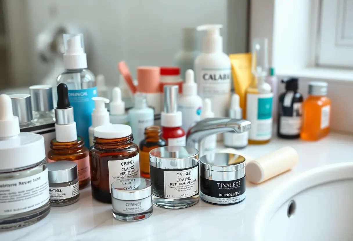 Un comptoir de salle de bains avec divers produits de soins de la peau