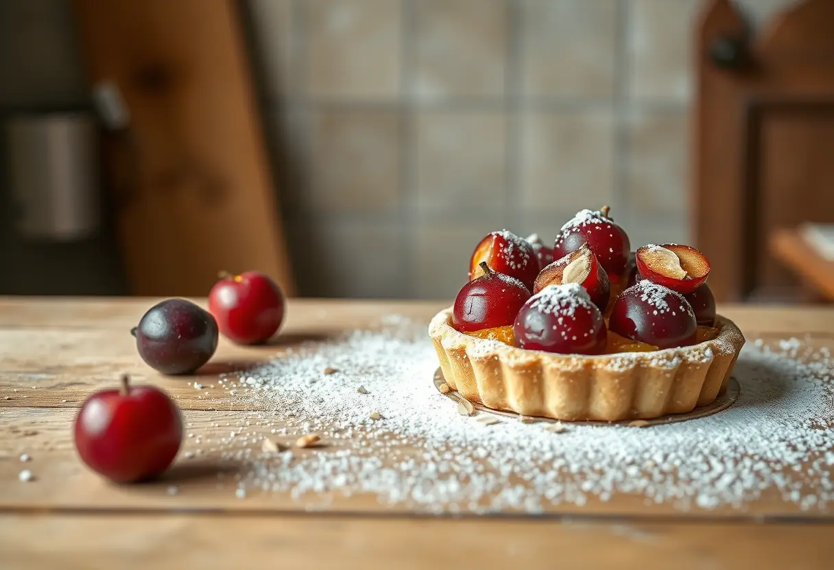 Un comptoir de cuisine rustique avec une tarte aux pruneaux et poudre d'amande