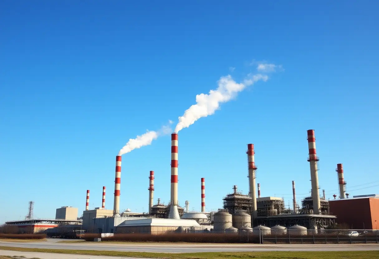 Vue d'ensemble d'une usine chimique avec ses cheminées fumantes au ciel bleu